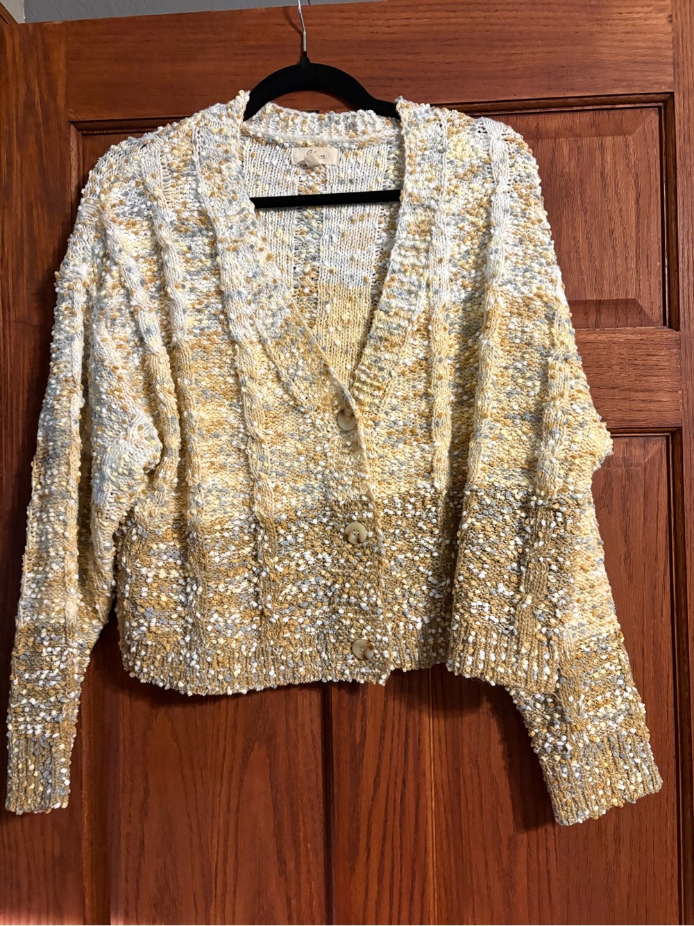 Elan Yellow and White Speckled Button V-Neck Cardigan